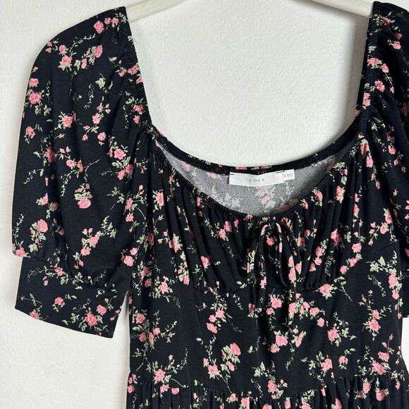 Lush Floral Midi Dress Size S Tie Bust Short Sleeve Black Pink Coquette Bow - Picture 6 of 8